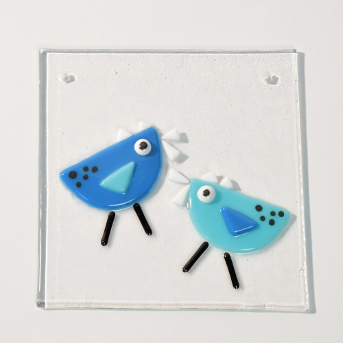 Glasplatte Vögel blau/weiß